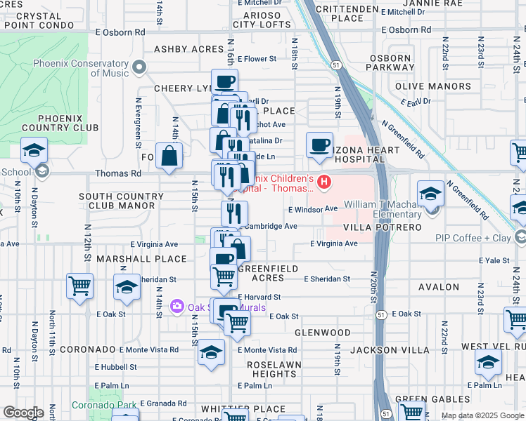 map of restaurants, bars, coffee shops, grocery stores, and more near 1645 East Thomas Road in Phoenix