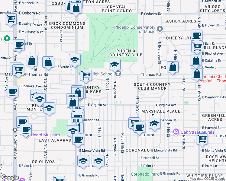 map of restaurants, bars, coffee shops, grocery stores, and more near 2701 North 10th Street in Phoenix