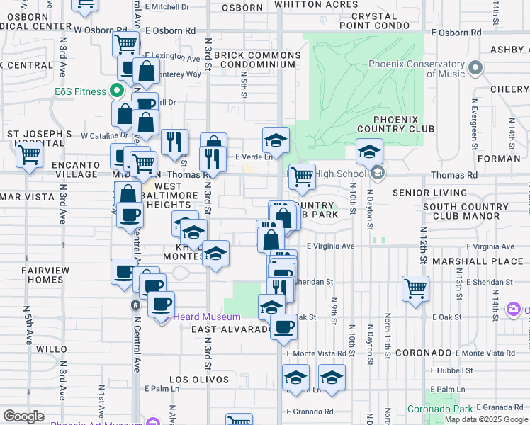 map of restaurants, bars, coffee shops, grocery stores, and more near 501 East Roanoke Avenue in Phoenix