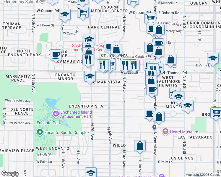 map of restaurants, bars, coffee shops, grocery stores, and more near 341 West Windsor Avenue in Phoenix