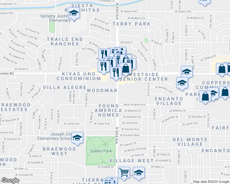 map of restaurants, bars, coffee shops, grocery stores, and more near 2636 North 43rd Avenue in Phoenix