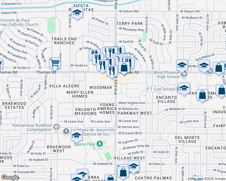 map of restaurants, bars, coffee shops, grocery stores, and more near 2636 North 43rd Avenue in Phoenix