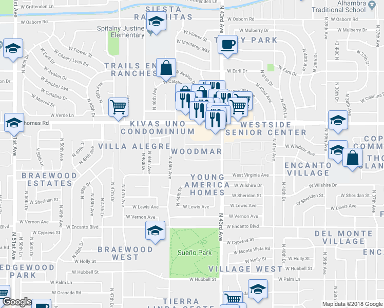 map of restaurants, bars, coffee shops, grocery stores, and more near 2674 North 43rd Avenue in Phoenix
