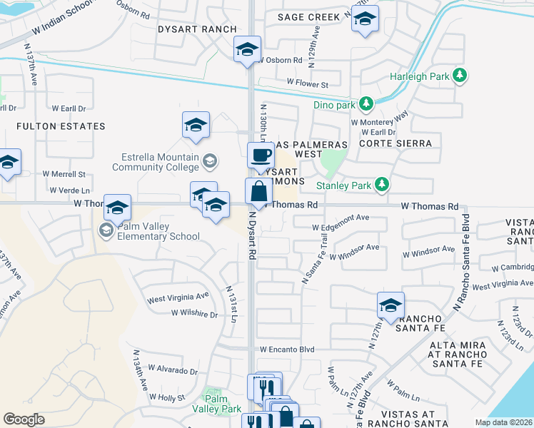 map of restaurants, bars, coffee shops, grocery stores, and more near 13045-13055 West Thomas Road in Avondale