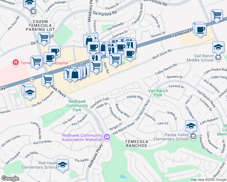 map of restaurants, bars, coffee shops, grocery stores, and more near 32565 Vail Creek Drive in Temecula