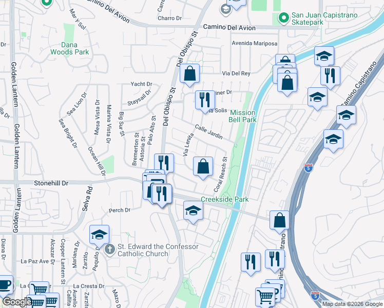 map of restaurants, bars, coffee shops, grocery stores, and more near 33342 Cove Island Place in Dana Point