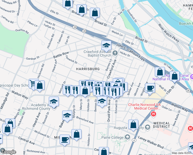 map of restaurants, bars, coffee shops, grocery stores, and more near 1855 Starnes Street in Augusta