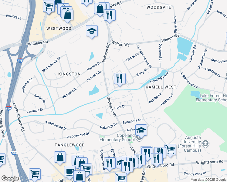 map of restaurants, bars, coffee shops, grocery stores, and more near 3214 West Wimbledon Drive in Augusta