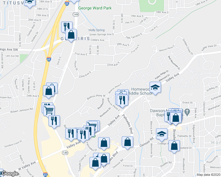 map of restaurants, bars, coffee shops, grocery stores, and more near 858 Beacon Parkway East in Birmingham