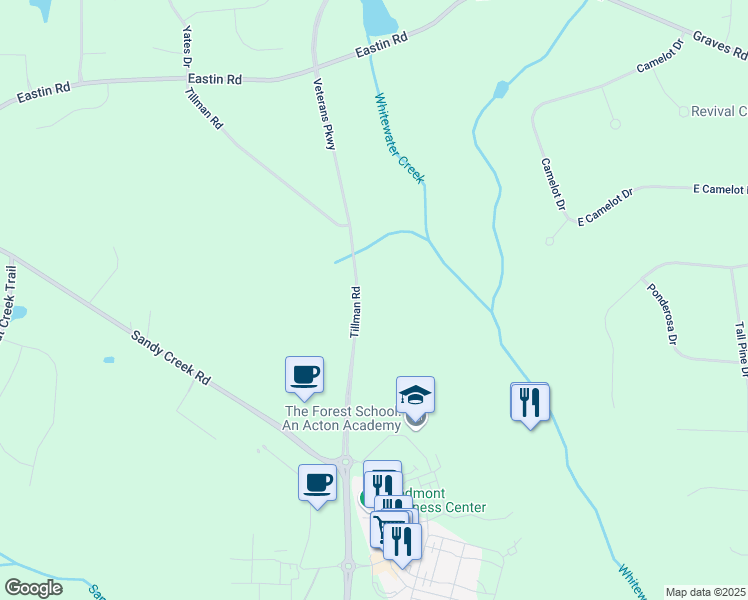 map of restaurants, bars, coffee shops, grocery stores, and more near 557 Veterans Parkway in Fayetteville