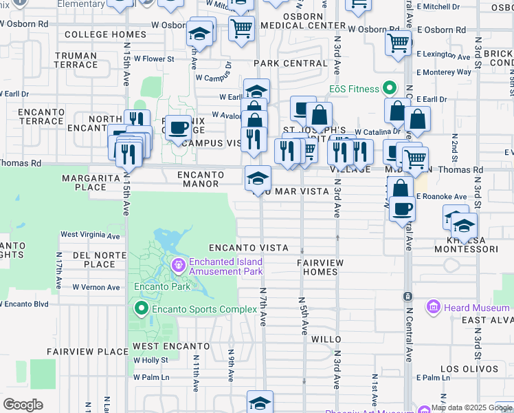 map of restaurants, bars, coffee shops, grocery stores, and more near 701 West Windsor Avenue in Phoenix