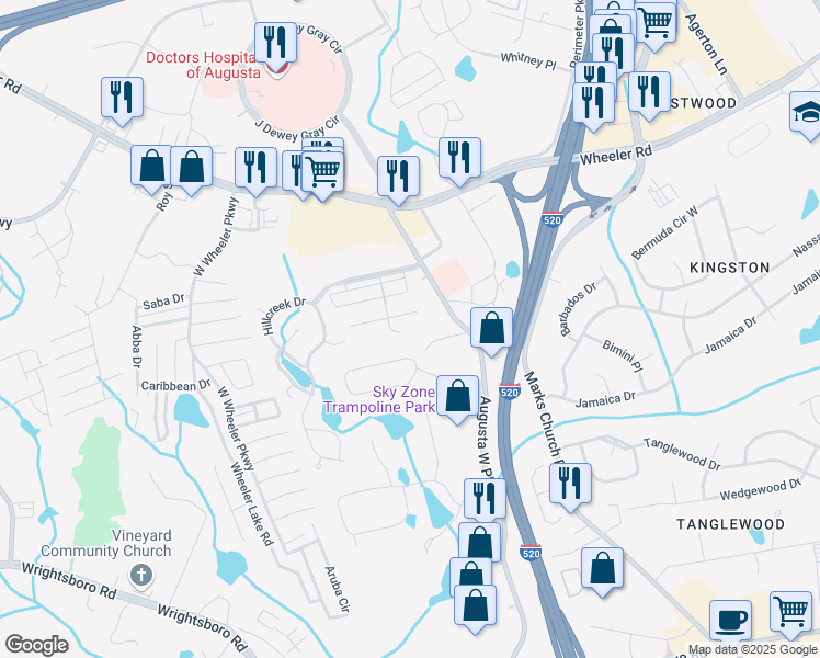 map of restaurants, bars, coffee shops, grocery stores, and more near 1023 Tradd Court in Augusta