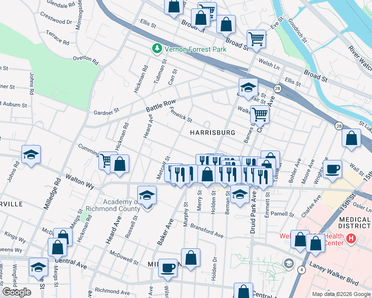 map of restaurants, bars, coffee shops, grocery stores, and more near 1935 Warren Street in Augusta