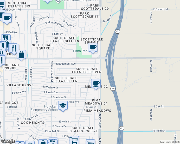 map of restaurants, bars, coffee shops, grocery stores, and more near 8660 East Windsor Avenue in Scottsdale