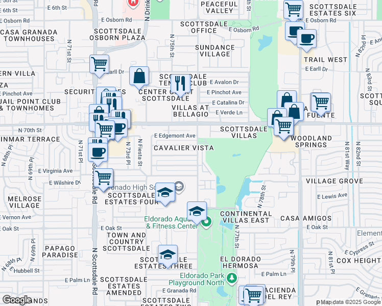 map of restaurants, bars, coffee shops, grocery stores, and more near 7536 East Cambridge Avenue in Scottsdale