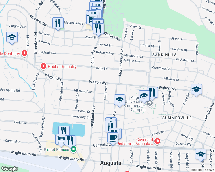 map of restaurants, bars, coffee shops, grocery stores, and more near 2624 Walton Way in Augusta