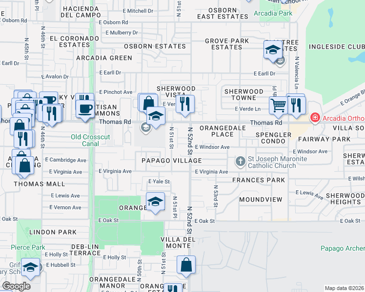 map of restaurants, bars, coffee shops, grocery stores, and more near 5118 East Windsor Avenue in Phoenix