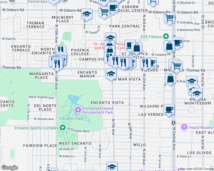 map of restaurants, bars, coffee shops, grocery stores, and more near 733 West Windsor Avenue in Phoenix