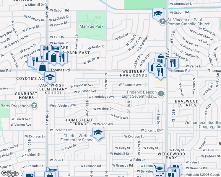 map of restaurants, bars, coffee shops, grocery stores, and more near 2813 North 55th Avenue in Phoenix