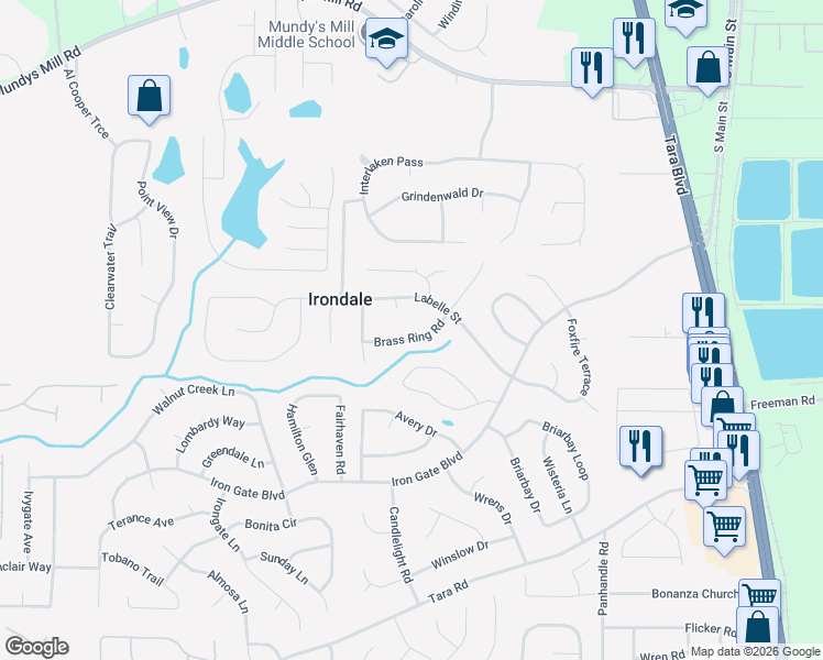 map of restaurants, bars, coffee shops, grocery stores, and more near 10133 Brass Ring Road in Jonesboro