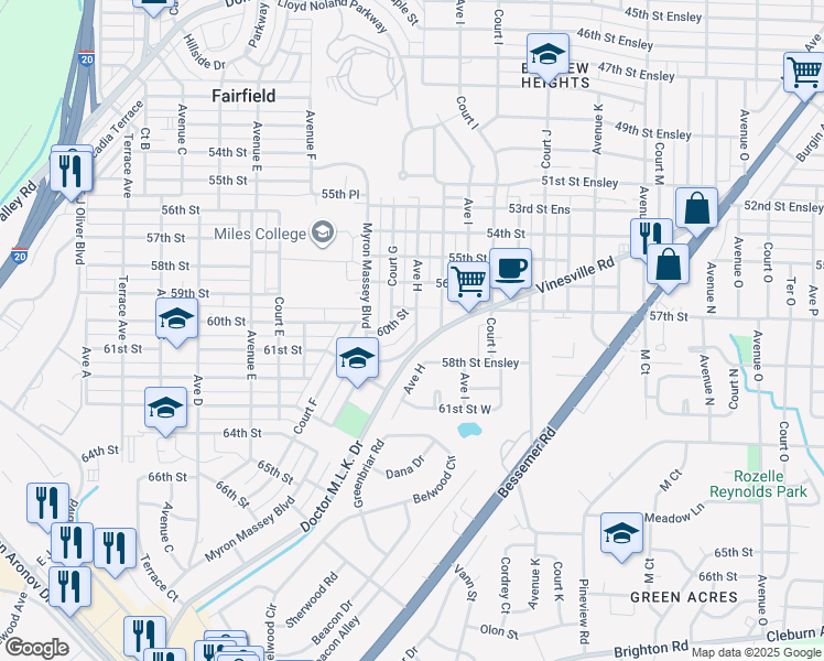map of restaurants, bars, coffee shops, grocery stores, and more near 5712 Avenue H in Fairfield