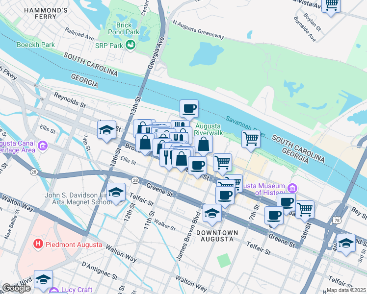 map of restaurants, bars, coffee shops, grocery stores, and more near 1026 Reynolds Street in Augusta