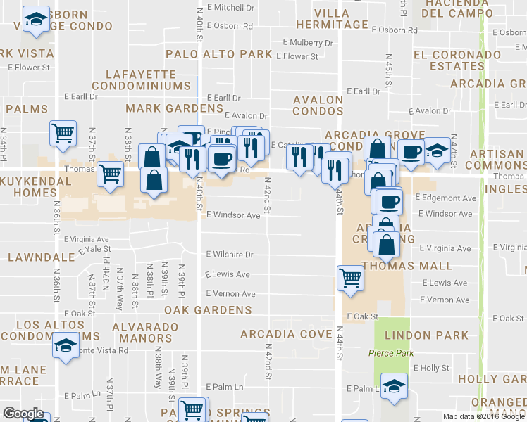 map of restaurants, bars, coffee shops, grocery stores, and more near 4140 East Windsor Avenue in Phoenix