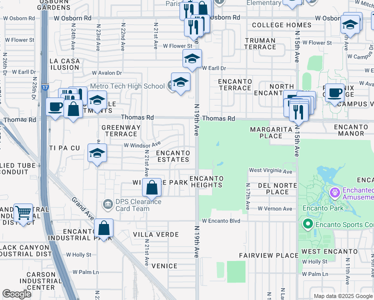 map of restaurants, bars, coffee shops, grocery stores, and more near 1915 West Cambridge Avenue in Phoenix