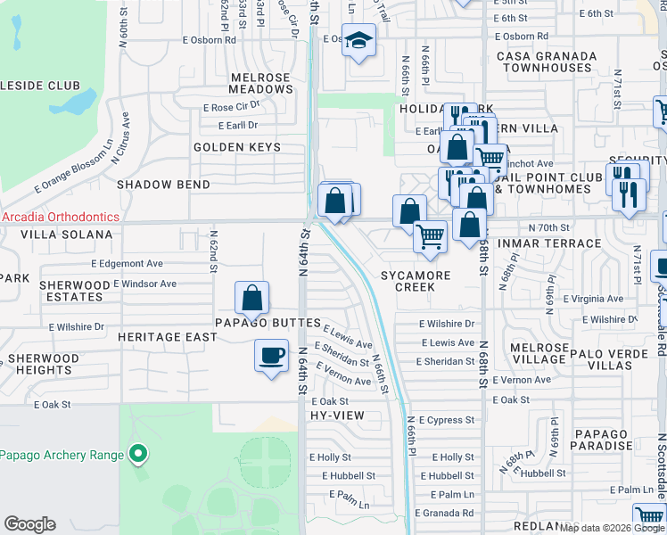 map of restaurants, bars, coffee shops, grocery stores, and more near 6432 East Cambridge Avenue in Scottsdale