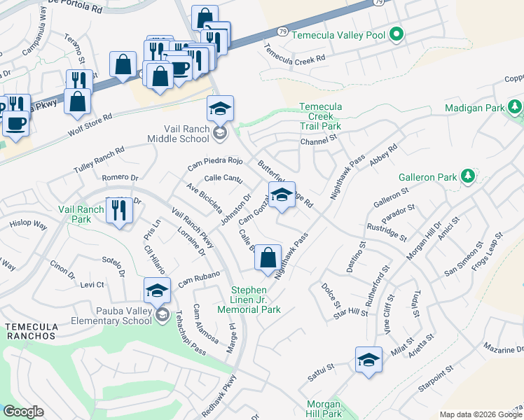 map of restaurants, bars, coffee shops, grocery stores, and more near 44638 Camino Gonzales in Temecula