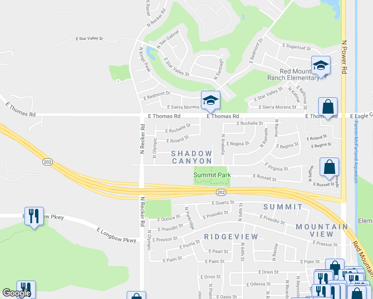 map of restaurants, bars, coffee shops, grocery stores, and more near 6160 East Riverdale Street in Mesa