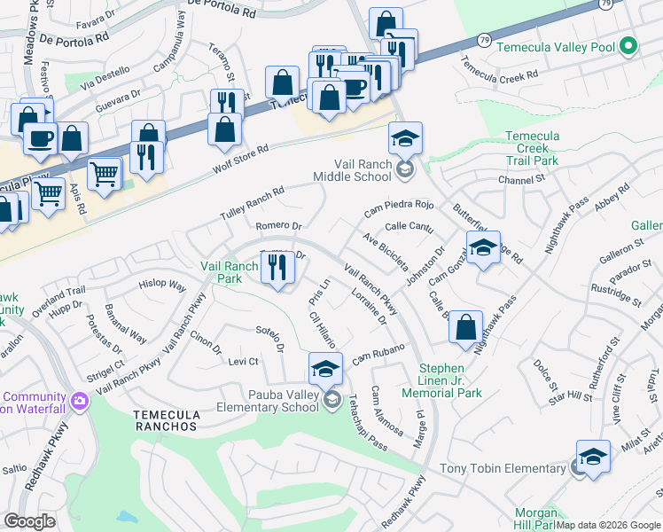 map of restaurants, bars, coffee shops, grocery stores, and more near 44640 Lorraine Drive in Temecula
