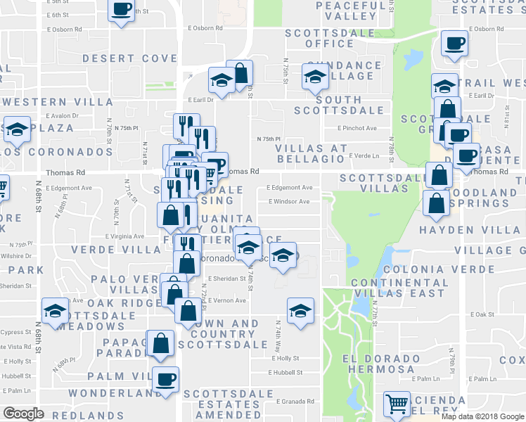map of restaurants, bars, coffee shops, grocery stores, and more near 7402 East Cambridge Avenue in Scottsdale