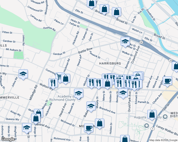 map of restaurants, bars, coffee shops, grocery stores, and more near 2003 Warren Street in Augusta