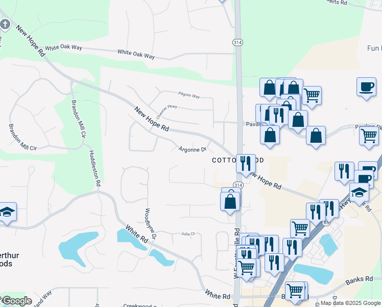 map of restaurants, bars, coffee shops, grocery stores, and more near 130 Argonne Drive in Fayetteville
