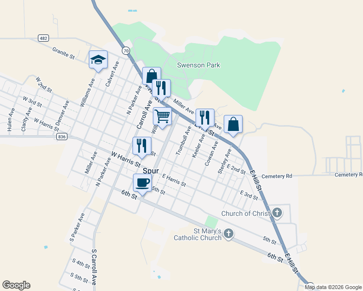 map of restaurants, bars, coffee shops, grocery stores, and more near 600 Trumbull Avenue in Spur