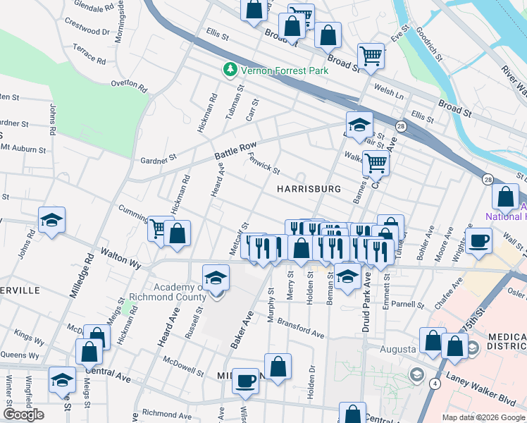 map of restaurants, bars, coffee shops, grocery stores, and more near 1941 Warren Street in Augusta
