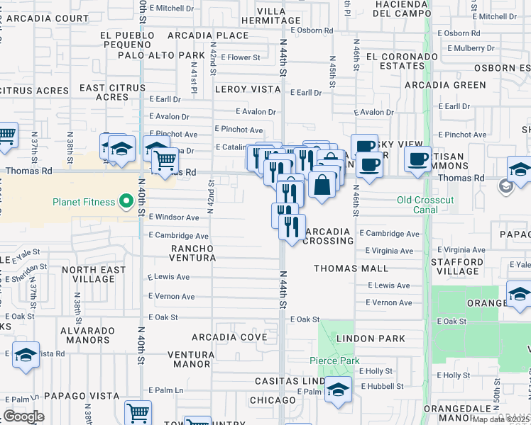 map of restaurants, bars, coffee shops, grocery stores, and more near 2702 North 44th Street in Phoenix