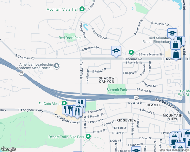map of restaurants, bars, coffee shops, grocery stores, and more near 6104 East Riverdale Street in Mesa
