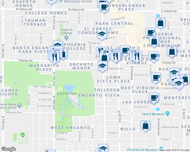 map of restaurants, bars, coffee shops, grocery stores, and more near 733 West Windsor Avenue in Phoenix