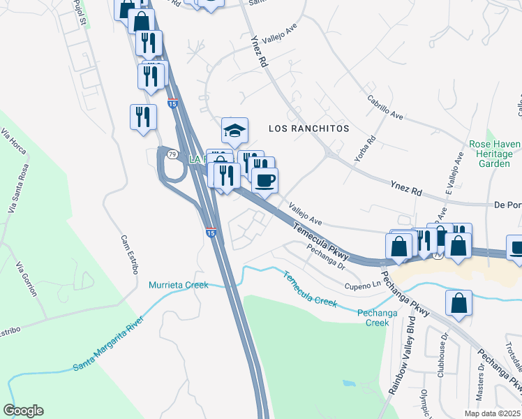 map of restaurants, bars, coffee shops, grocery stores, and more near 44516 La Paz Road in Temecula