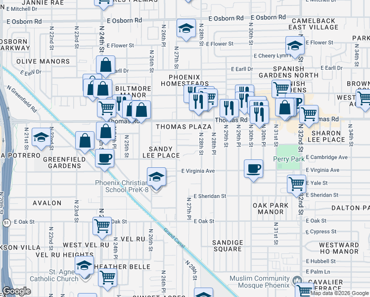 map of restaurants, bars, coffee shops, grocery stores, and more near 2719 East Windsor Avenue in Phoenix