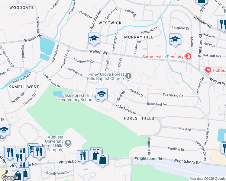 map of restaurants, bars, coffee shops, grocery stores, and more near 3 Reid Court in Augusta