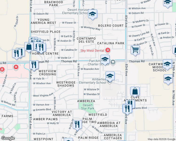 map of restaurants, bars, coffee shops, grocery stores, and more near 8623 West Roanoke Avenue in Phoenix