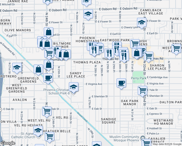 map of restaurants, bars, coffee shops, grocery stores, and more near 2719 East Windsor Avenue in Phoenix