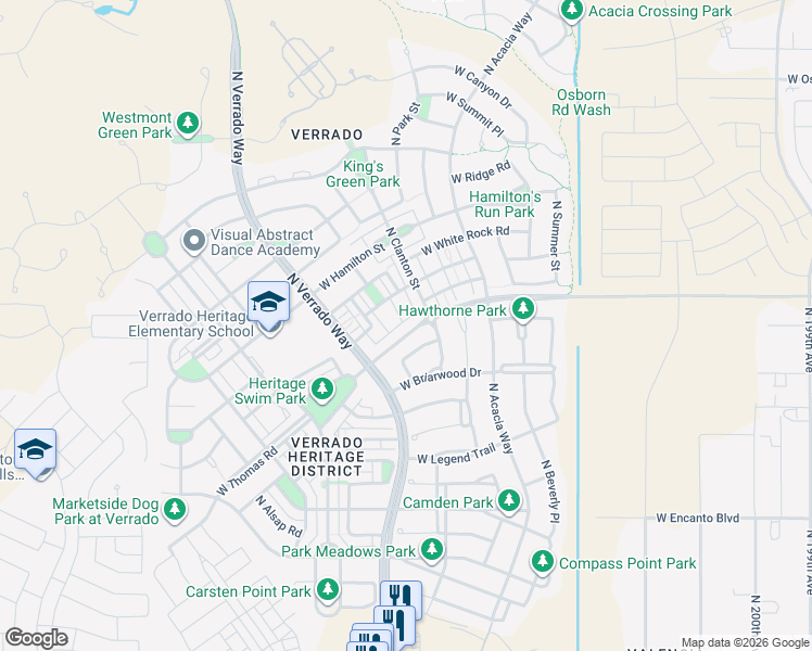 map of restaurants, bars, coffee shops, grocery stores, and more near 20538 West Edgemont Avenue in Buckeye