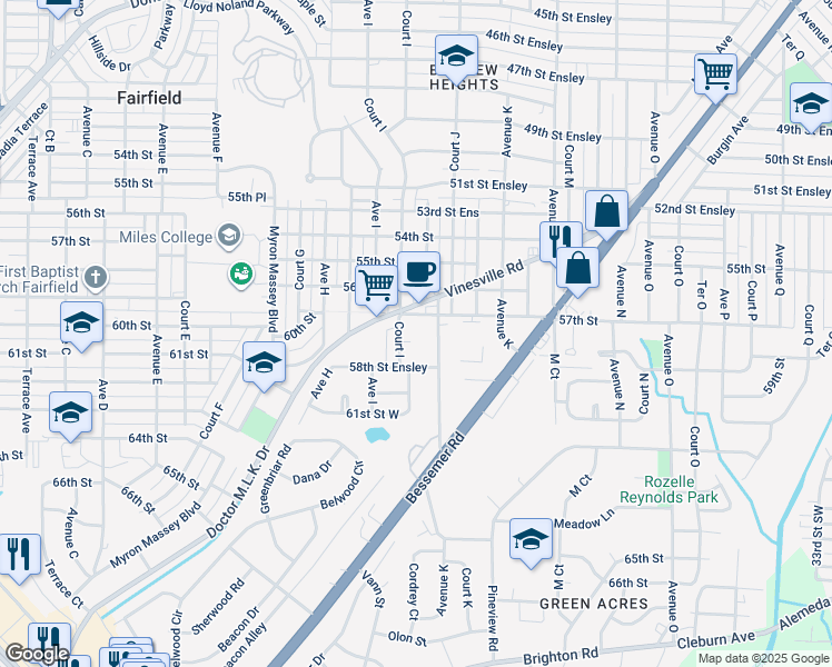 map of restaurants, bars, coffee shops, grocery stores, and more near 1001 57th Street in Birmingham