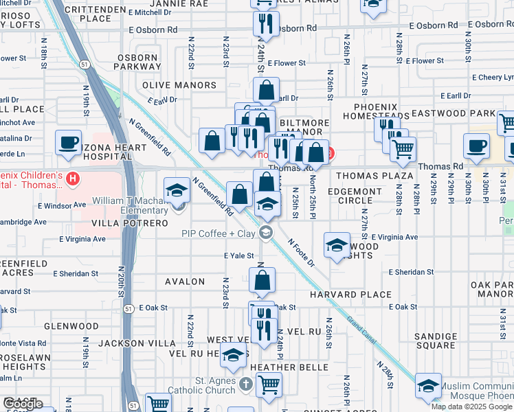 map of restaurants, bars, coffee shops, grocery stores, and more near 2800 North 24th Street in Phoenix