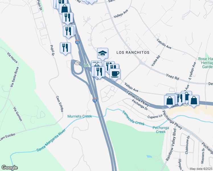 map of restaurants, bars, coffee shops, grocery stores, and more near 44520 Bedford Court in Temecula