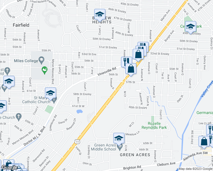 map of restaurants, bars, coffee shops, grocery stores, and more near 5710 Monte Sano Road in Birmingham